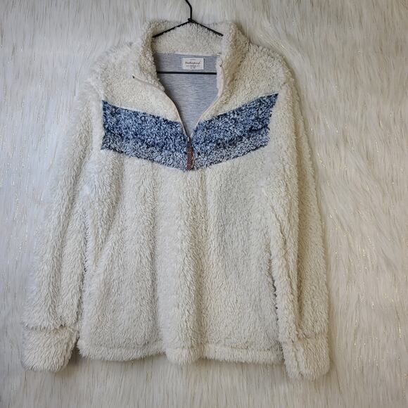 Weatherproof Vintage Womens Cream Blue 1/4 Zip Fleece Sherpa Faux Fur Medium - Picture 7 of 7